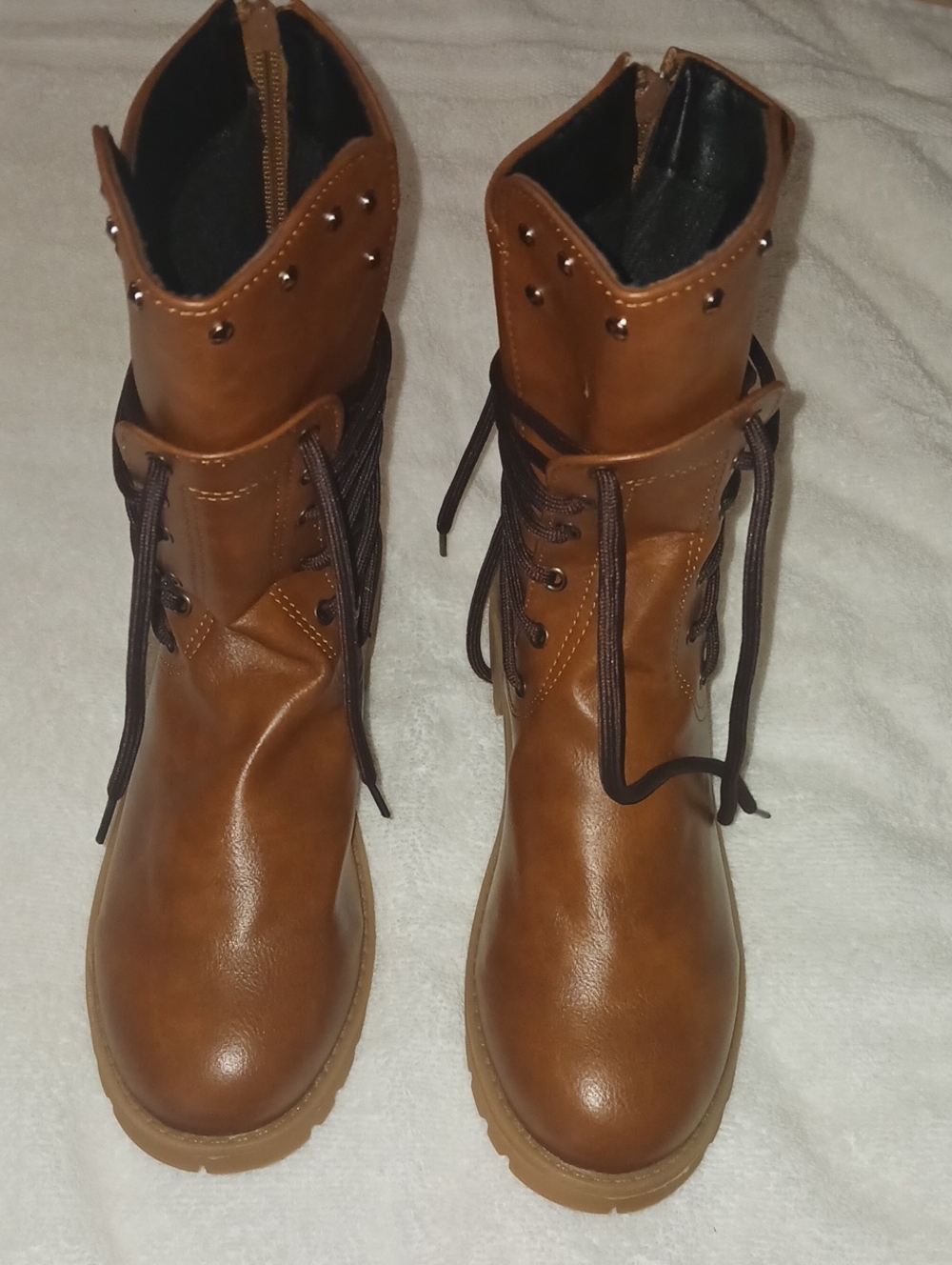 Women's Tan Lace-Up Studded Ankle Boots